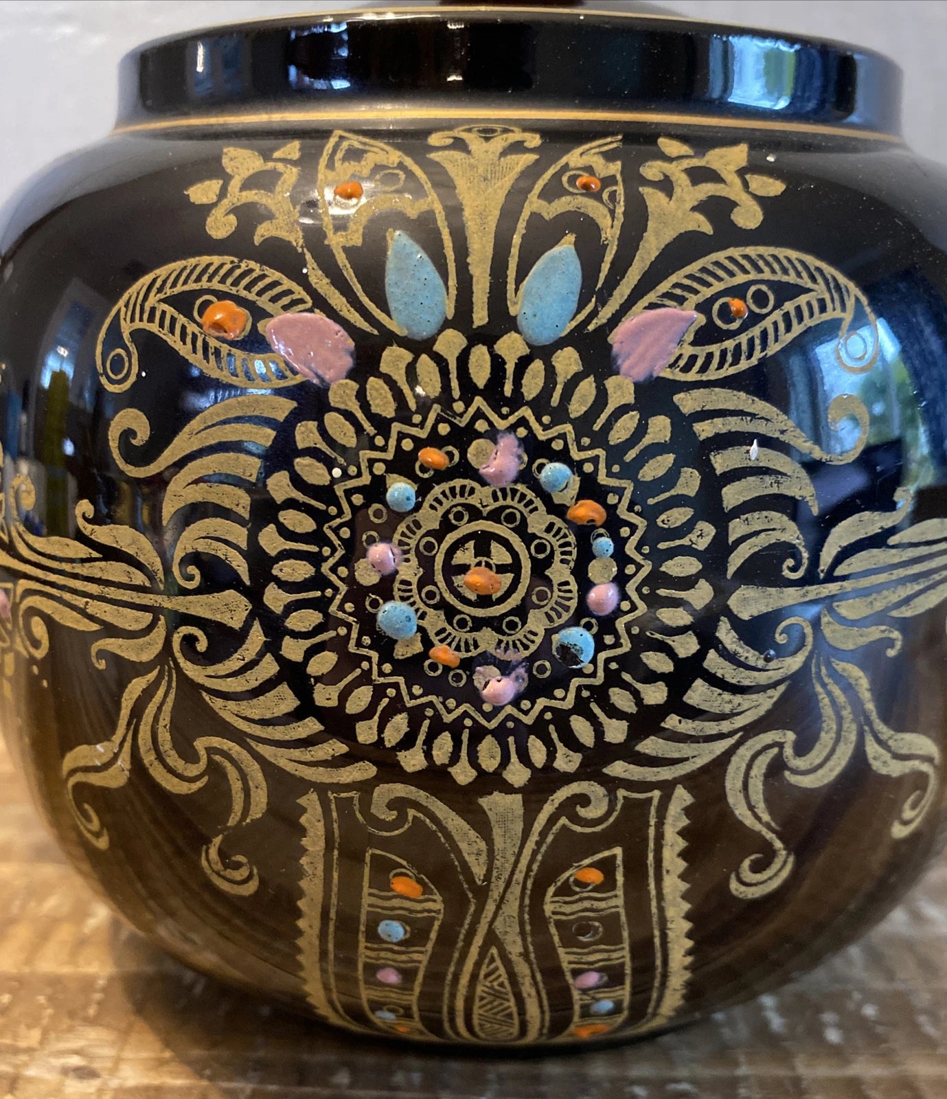 Vintage Gibson & Sons Marina Teapot w/ Lid Black Gold Enamel Burslem England