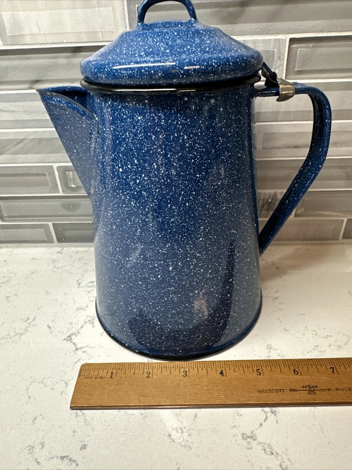 Vintage blue and white speckled enamel coffee/tea kettle 8” hiking camping RV
