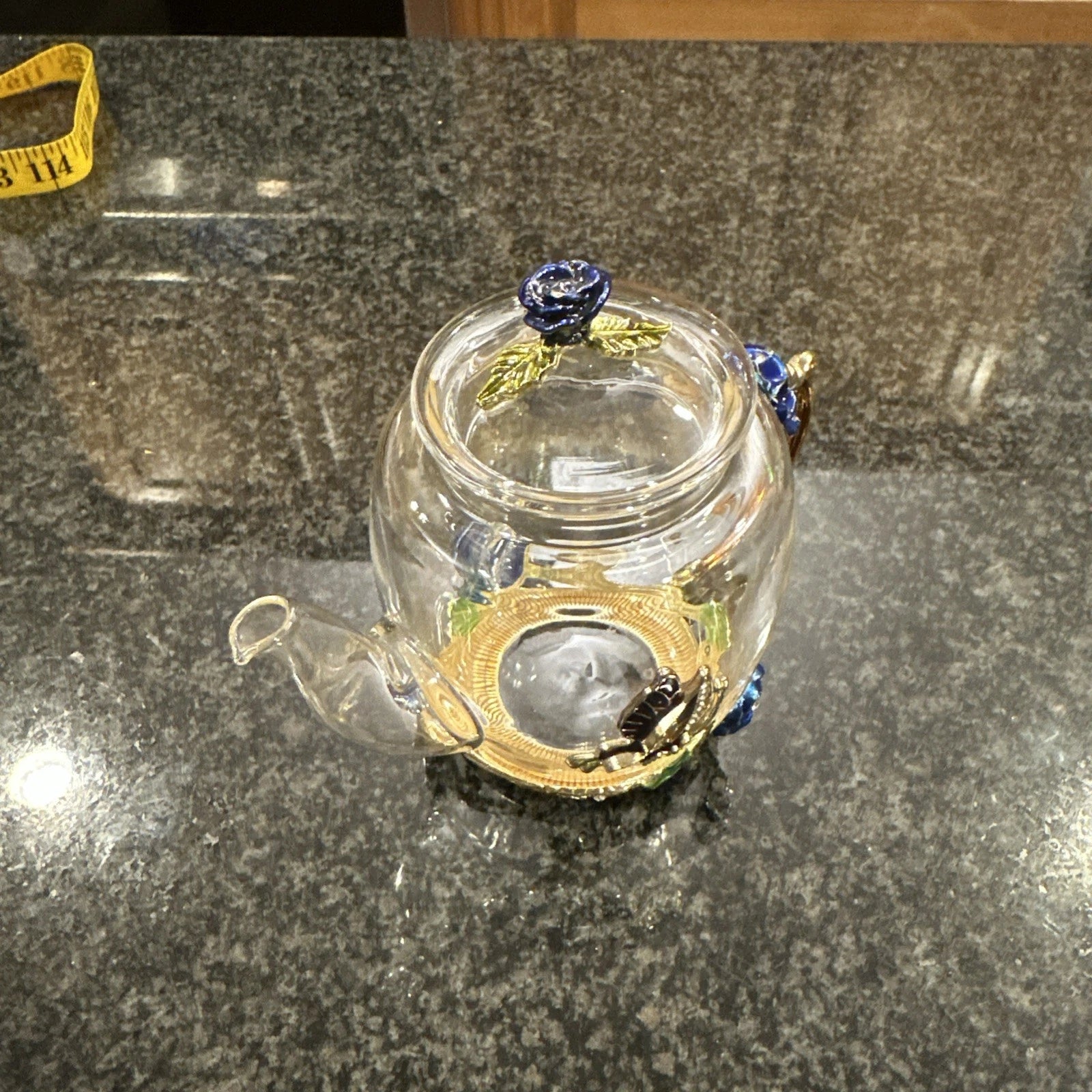 Teffania Teapot Handcrafted Crystal Glass W Blue Roses And Rhinestons 12 OZ