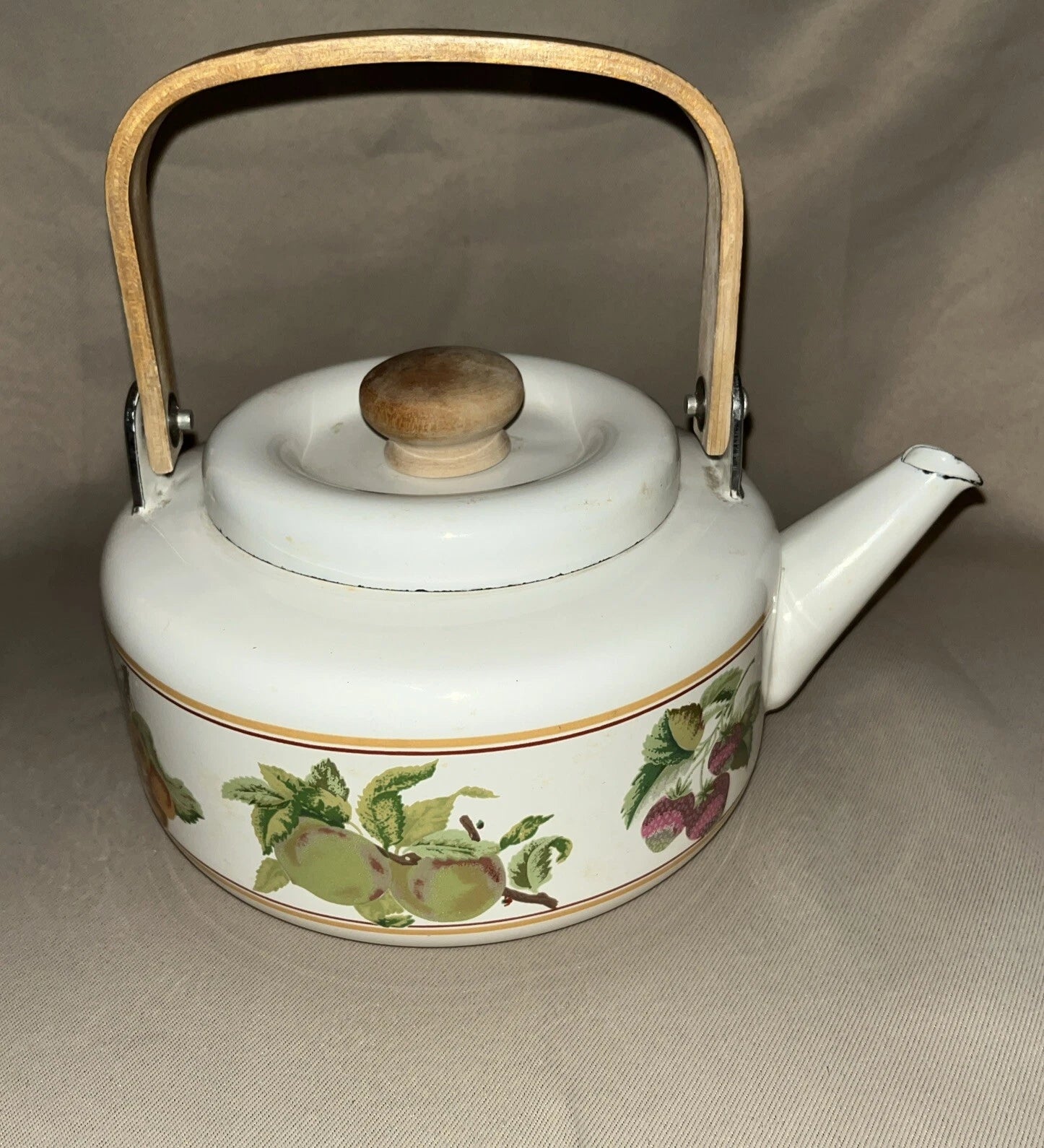 Vintage 80s Enamel Tea Kettle/ Pot With Bamboo Handle Fruit Pattern Cream Color.