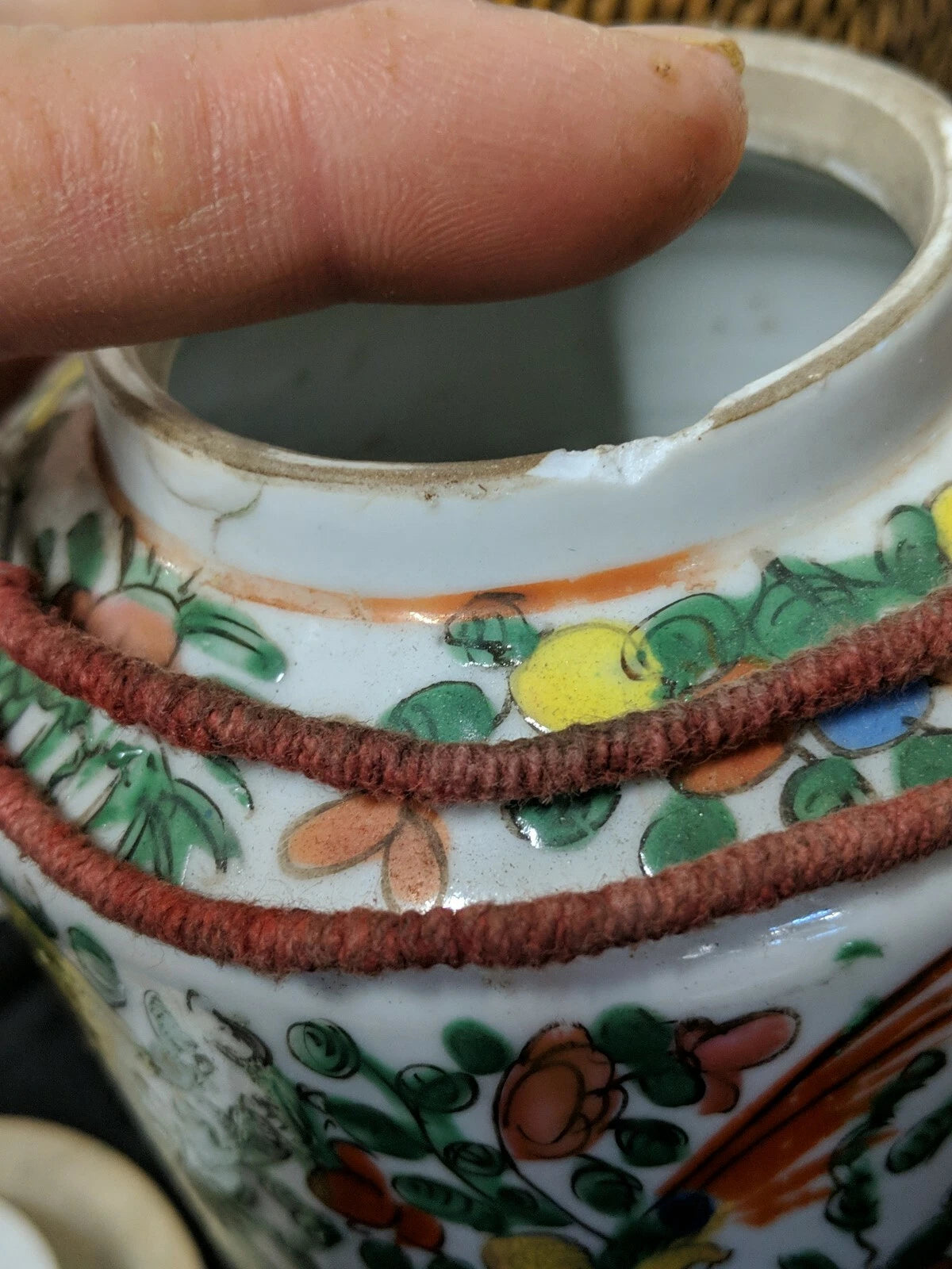 Vintage CHINESE TEA SET in Warmer Wicker basket with Teapot and 2 Cups