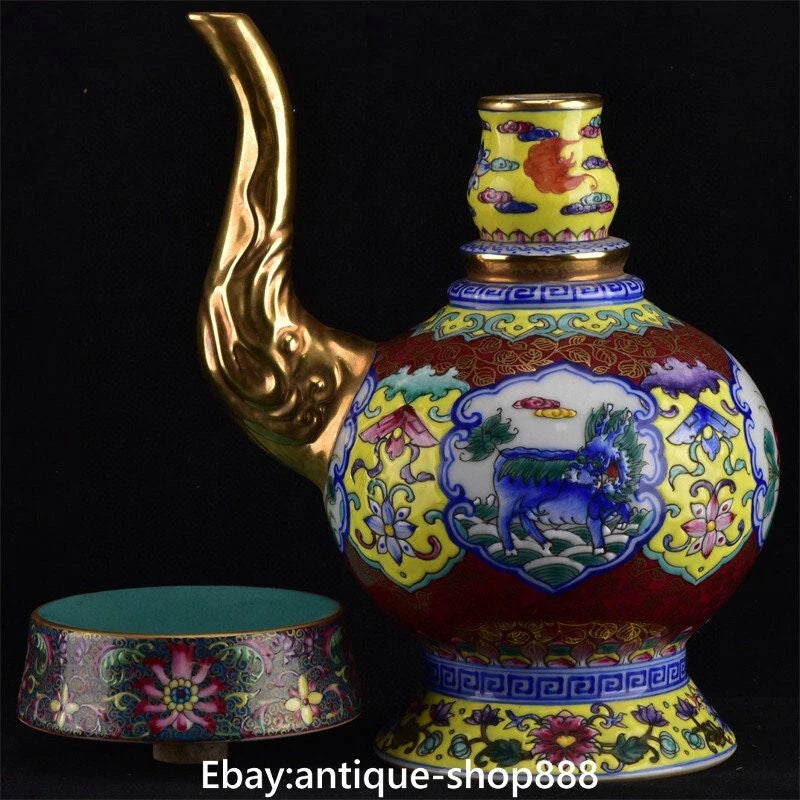 Qianlong Colour Enamel Porcelain Gilt Kylin Qilin Chilin Dragon Beast Kettle Pot