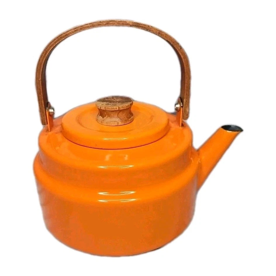 Vintage 70s Orange Enamel Tea Kettle Michael Lax Copco Teak Handle