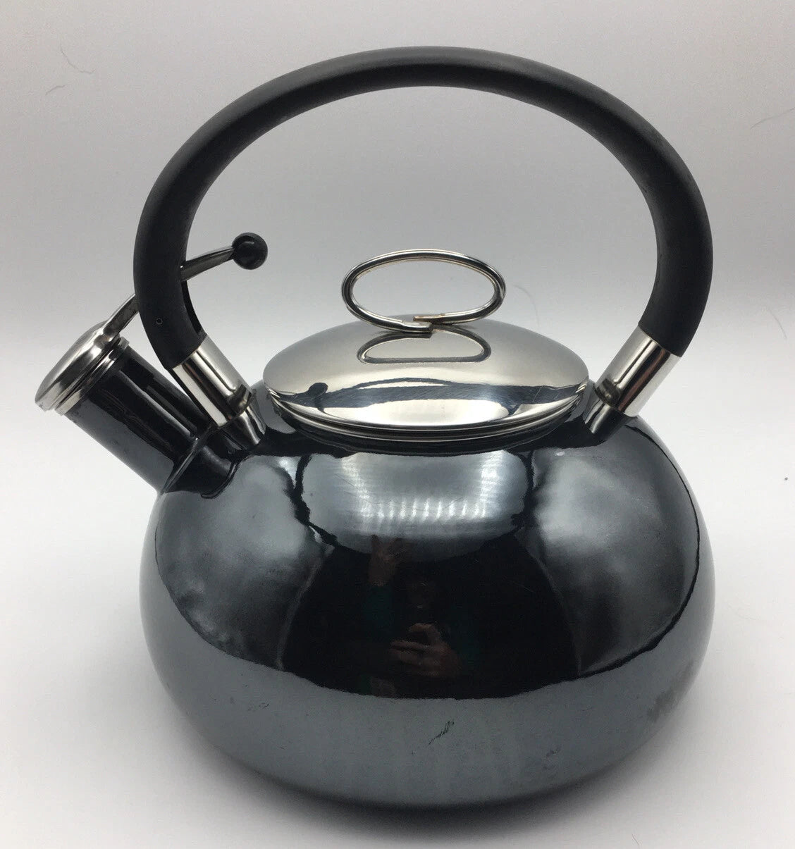 COPCO 2qt Black Enamel Whistling Teapot Kettle Chrome Top Mid Century Modern MCM