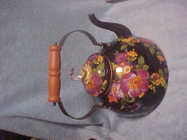 MacKENZIE CHILDS 3 QT BLACK FLOWER MARKET TEA KETTLEMINT
