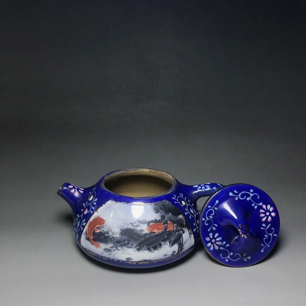 Chinese Yixing Zisha Clay Enamel Handmade Exquisite Fish pattern Teapot 5608