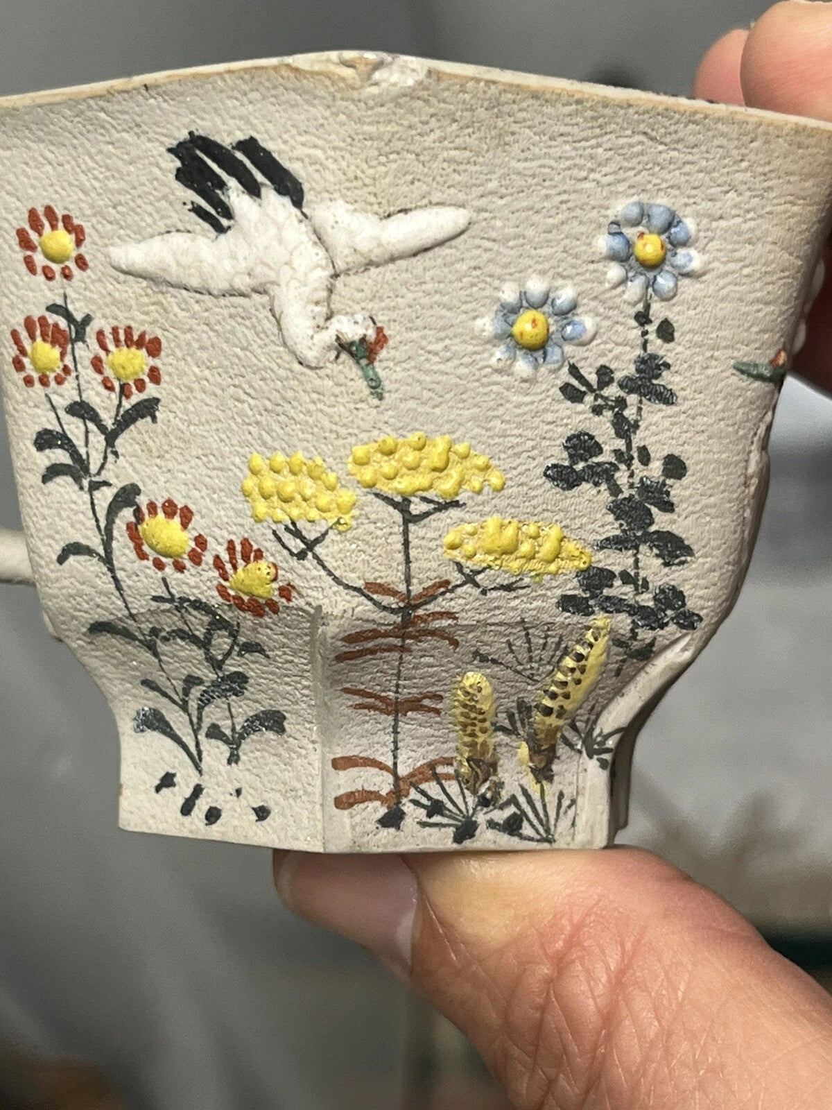 Japanese Banko Ware Plate and Teacup Crane Enamel  Marked