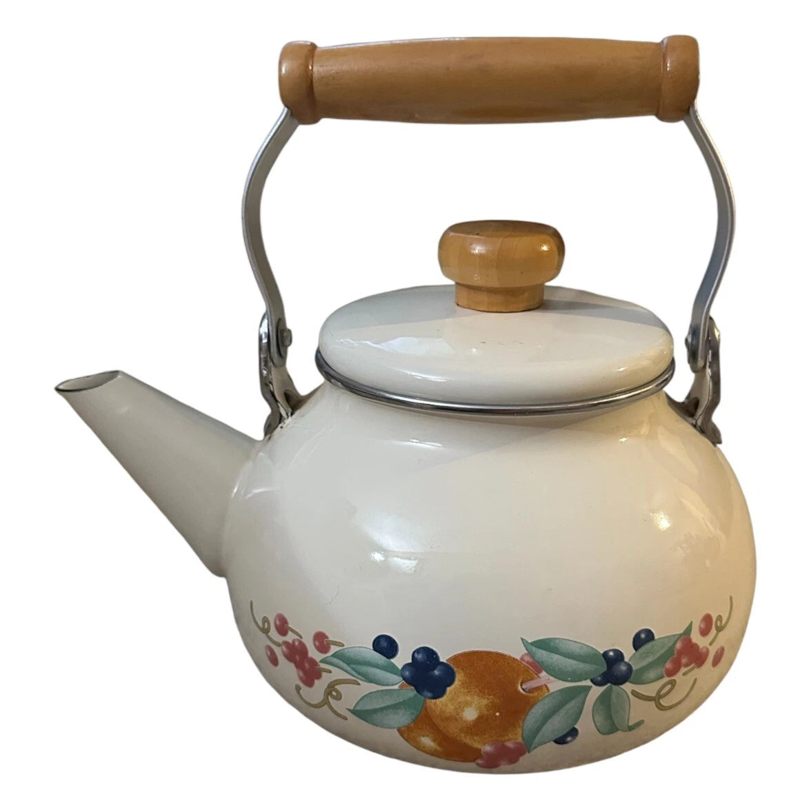 Vintage Lincoware Off White Enamel Metal Fruit Motif Teapot Tea Kettle