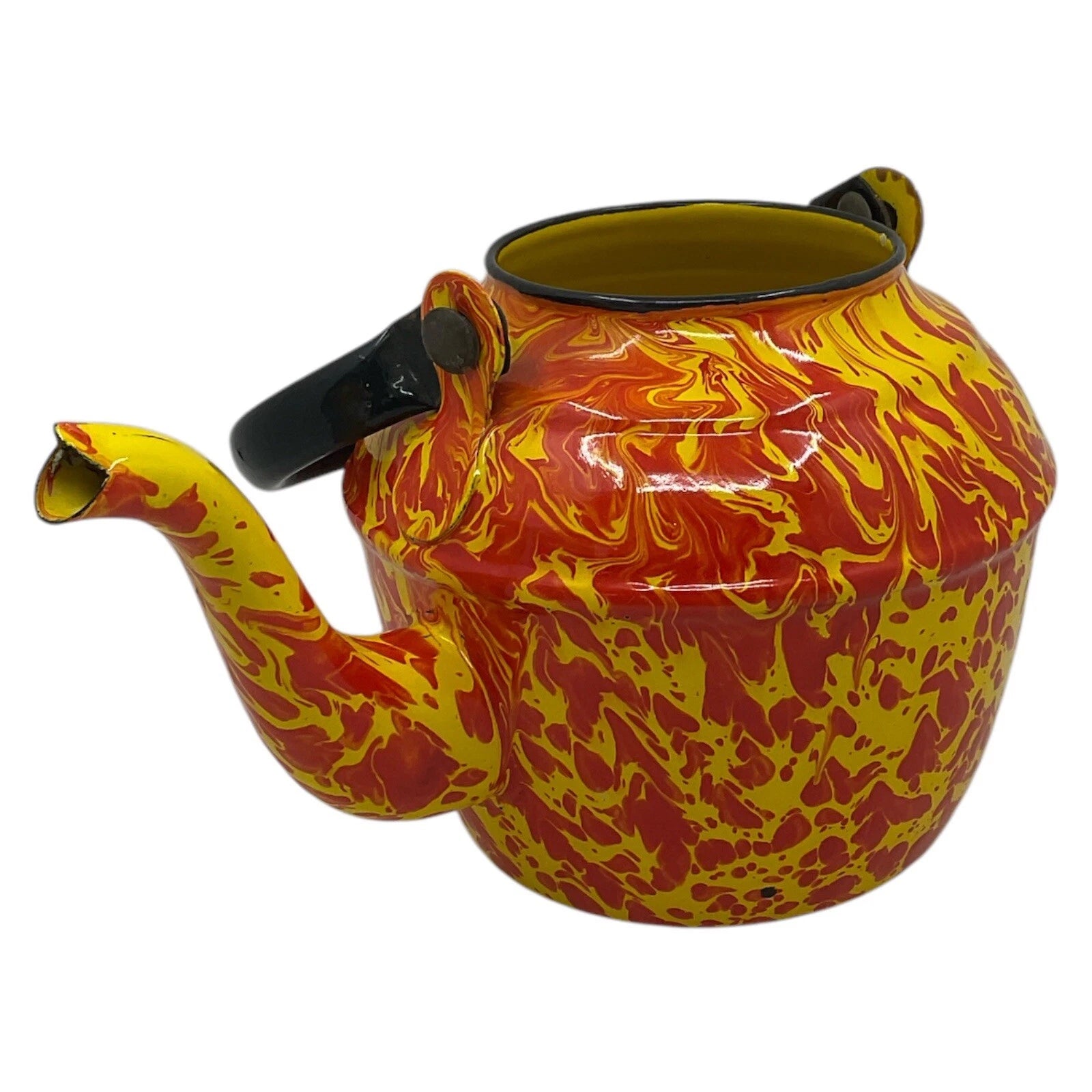 Orange Yellow Tea Pot Kettle Vntg Enamelware Splatter Swirl Graniteware No Lid