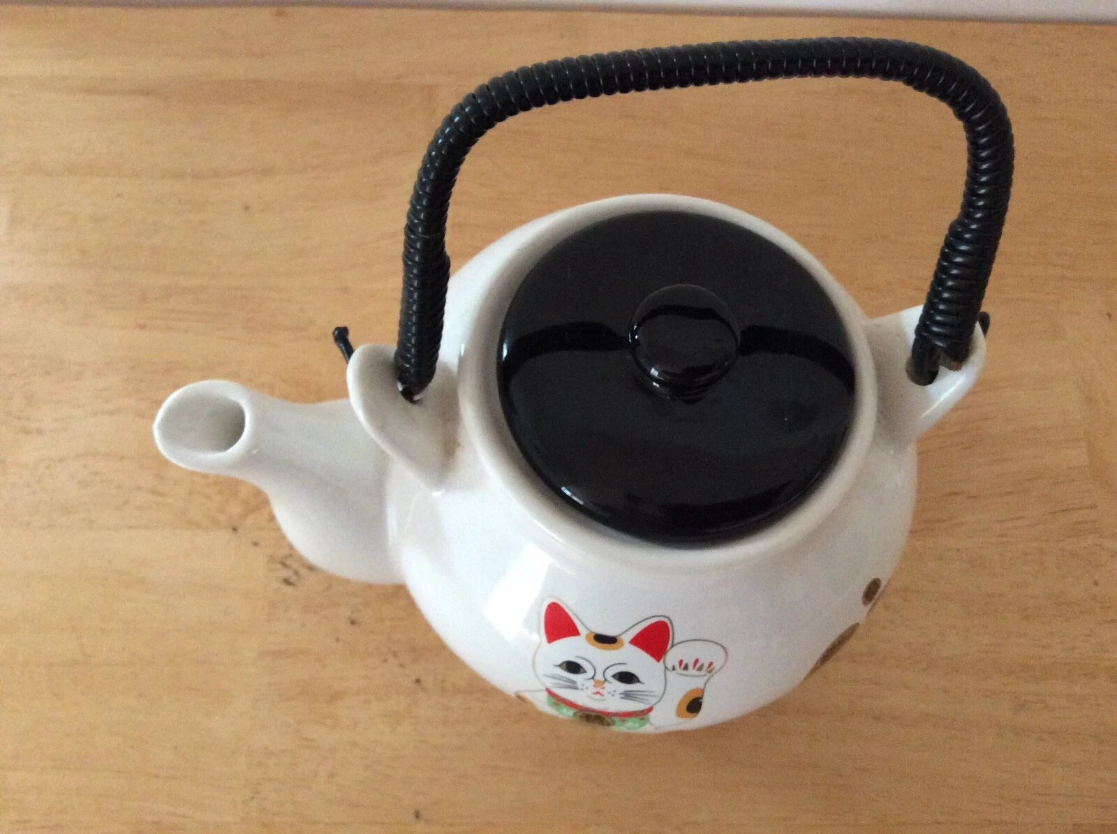 ENAMEL KETTLE TEAPOT CAT DESIGN PLASTIC HANDLE