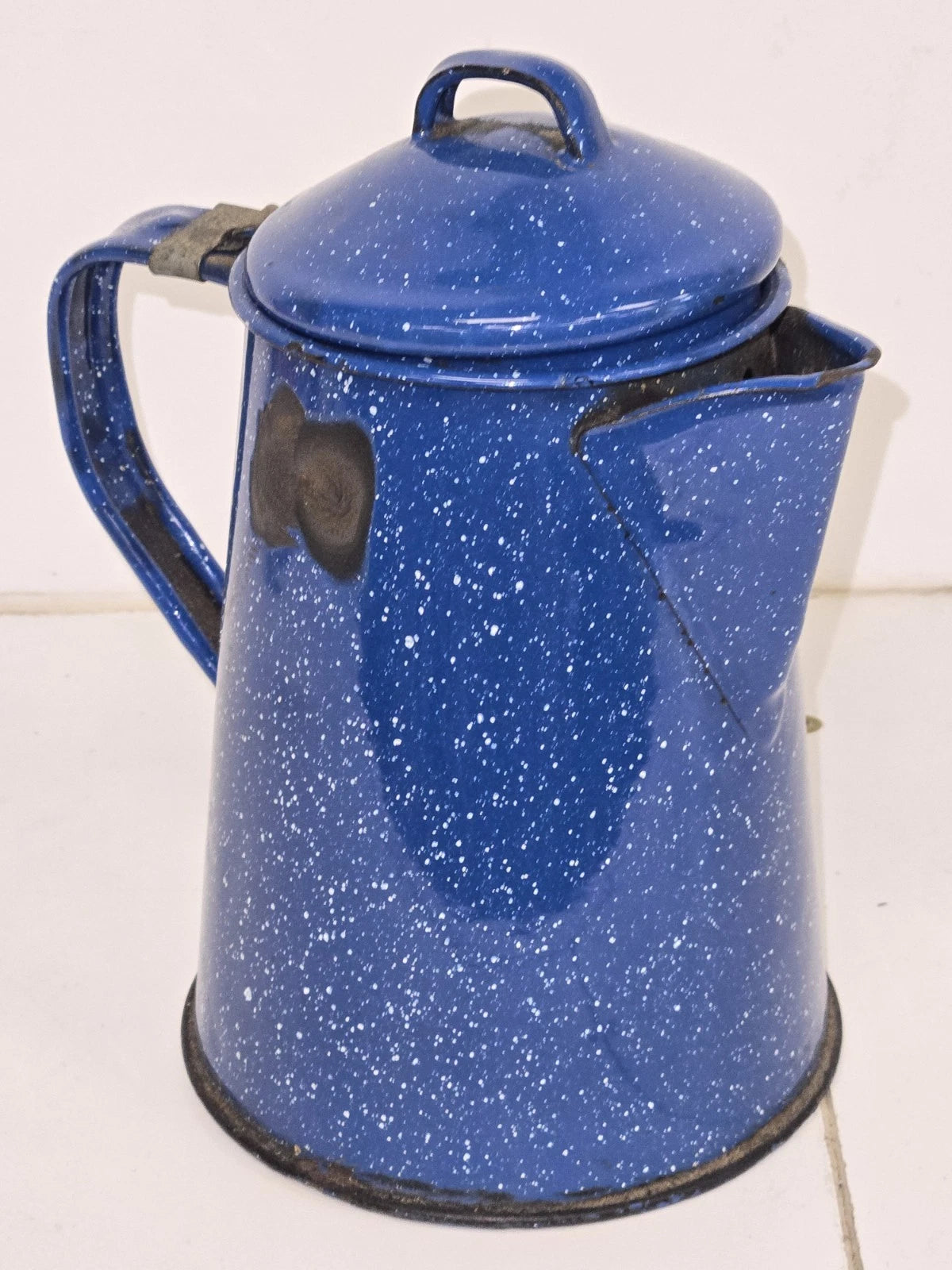 VTG Appropriately Rusted Blue Enamelware Small Camping Tea Coffee Pot