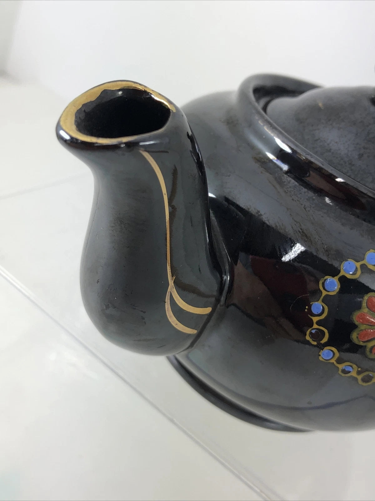 Japan Vintage Ceramic Redware Blue Teapot Glazed and Enamel 12 Ounces VTG