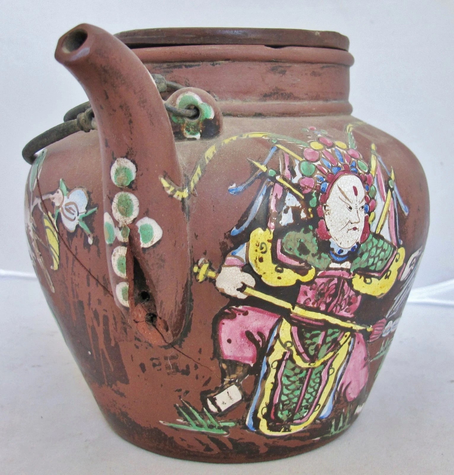 Big 7.7" Old Chinese YIXING Clay Teapot w/ Enameled Bird, Flowers & Dignitaries