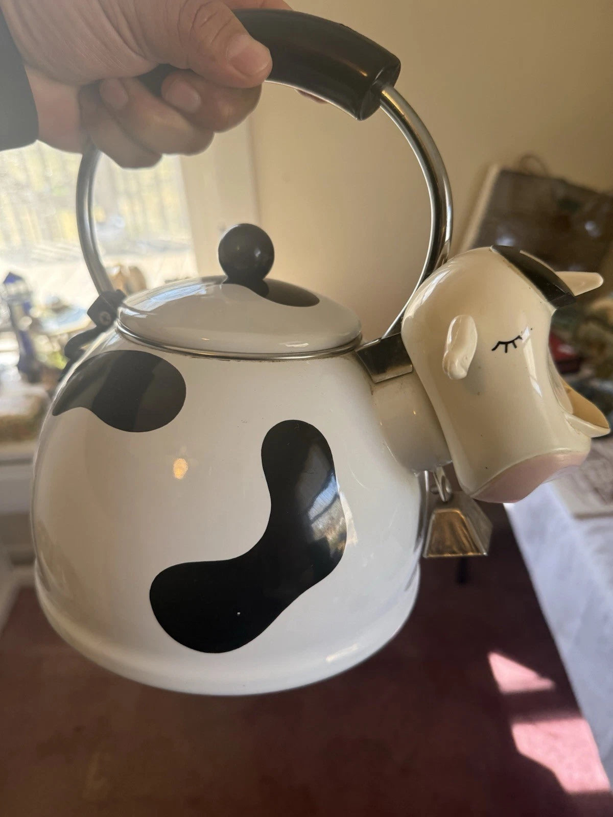 Vintage MM Kamenstein Black White Cow Whistling Tea Kettle Teapot, 1992