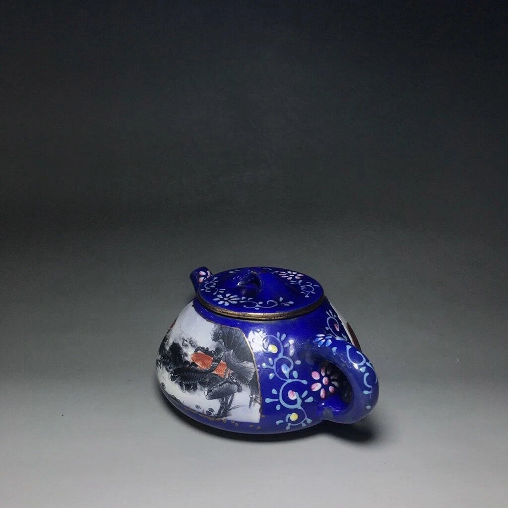 Chinese Yixing Zisha Clay Enamel Handmade Exquisite Fish pattern Teapot 5608