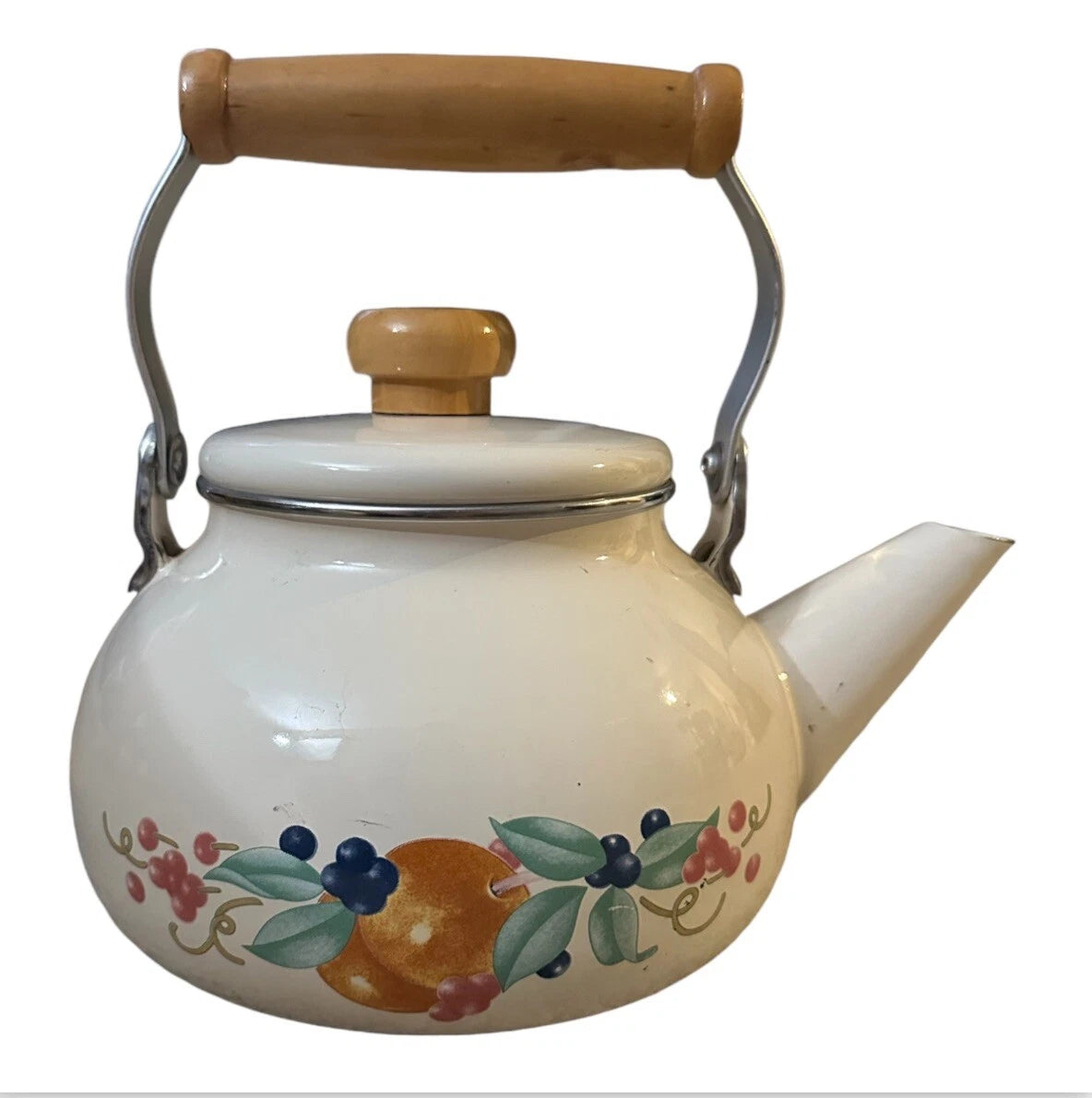 Vintage Lincoware Off White Enamel Metal Fruit Motif Teapot Tea Kettle