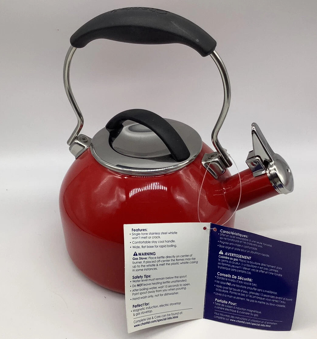 Chantal Whistling Tea Kettle Teapot Red & Silver Enamel 1.8 Quart New With Flaw
