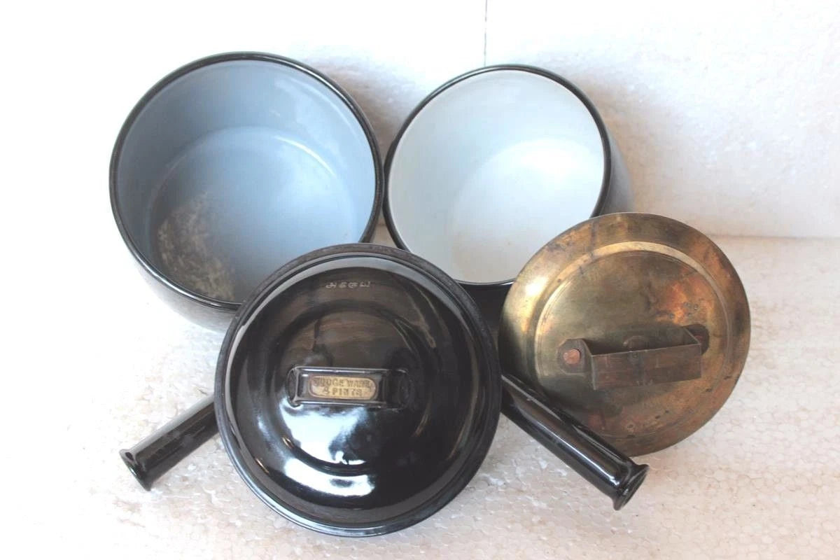 Enamel Tea Pot  With Handle 2 Pc Old Vintage Kitchenware Collectible