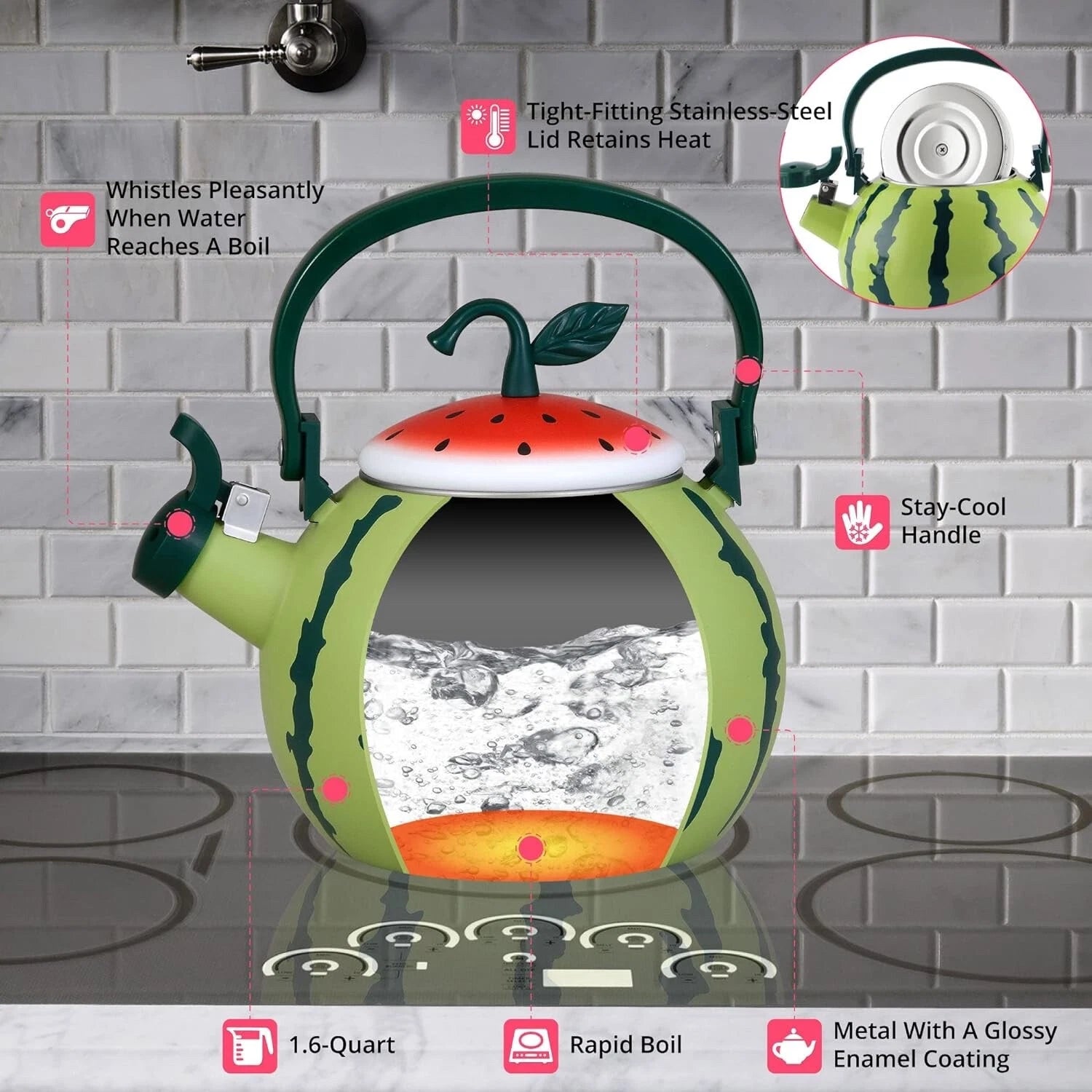 Enameled 1.6 Quart Enamel-on-Steel Whistling Tea Kettle (Watermelon)