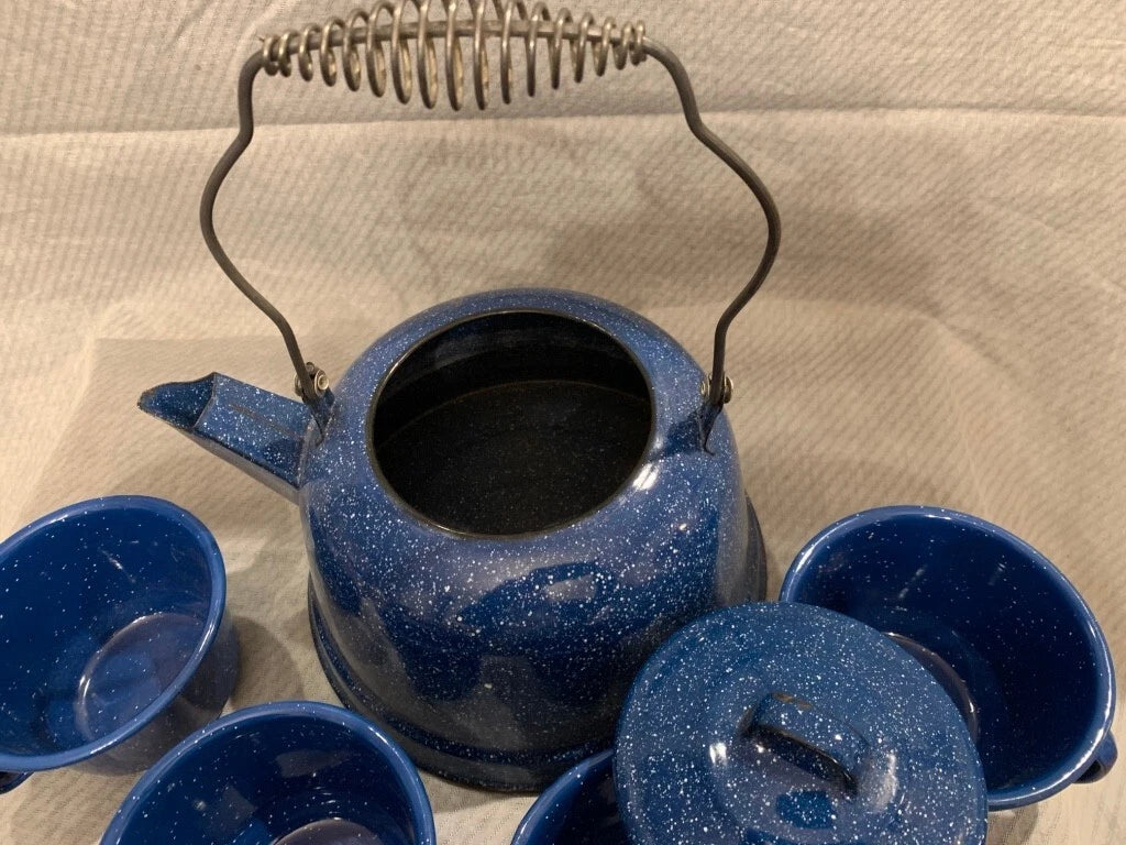 Vtg Blue Speckled ENAMEL WARE Tea Coffee Pot Wire Handle Rustic Camping & cups