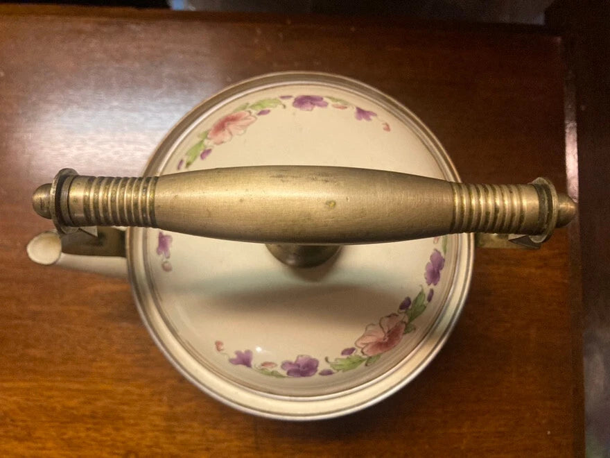 Vintage Enamelware Tea Kettle 1960s Teapot Brass Handles Floral Pink Purple