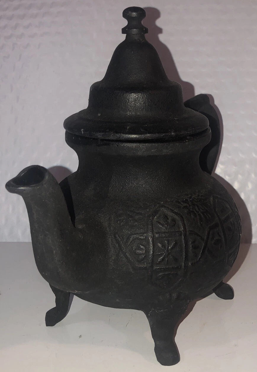 Ornate Vintage Cast Iron/Enamel Moroccan Style Tea Kettle 8" w/strainer basket