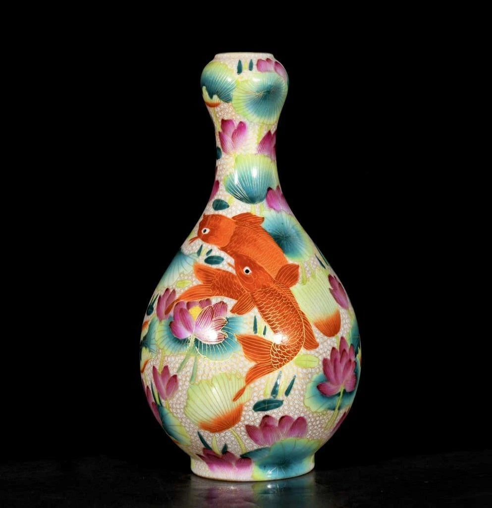 Qianlong Signed Old Chinese Colour Enamel Vase W/fish N3673