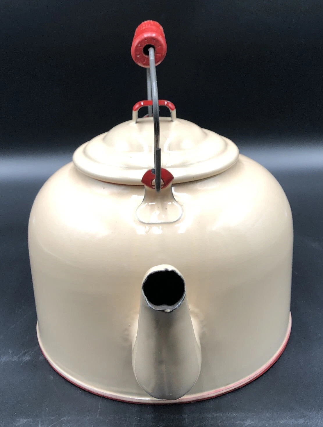 Vintage Enamel Large Tea Kettle, Beige With Red Trim And Red Handle