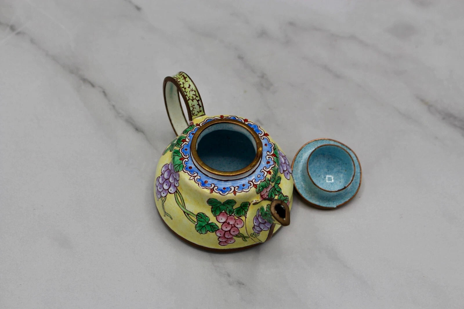Cute Small Enamel on Copper Teapot Figurine