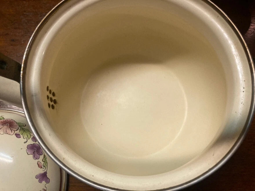 Vintage Enamelware Tea Kettle 1960s Teapot Brass Handles Floral Pink Purple