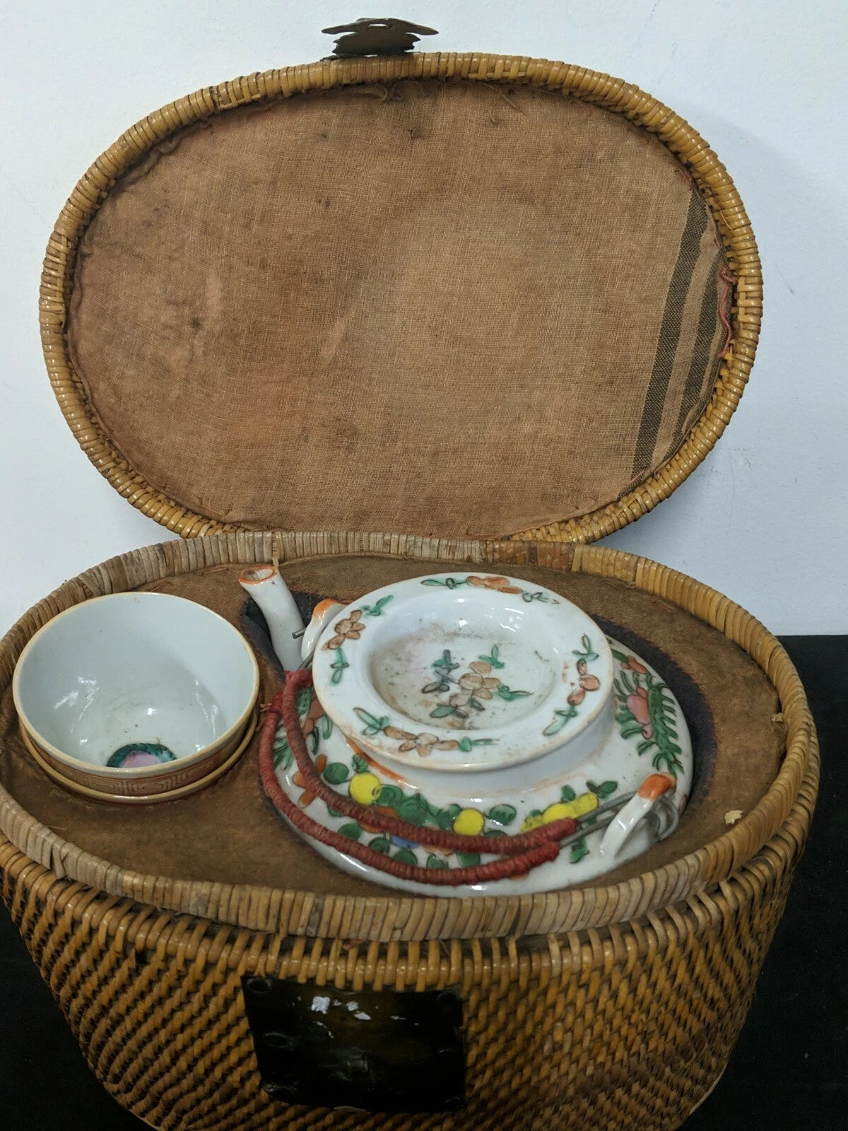 Vintage CHINESE TEA SET in Warmer Wicker basket with Teapot and 2 Cups