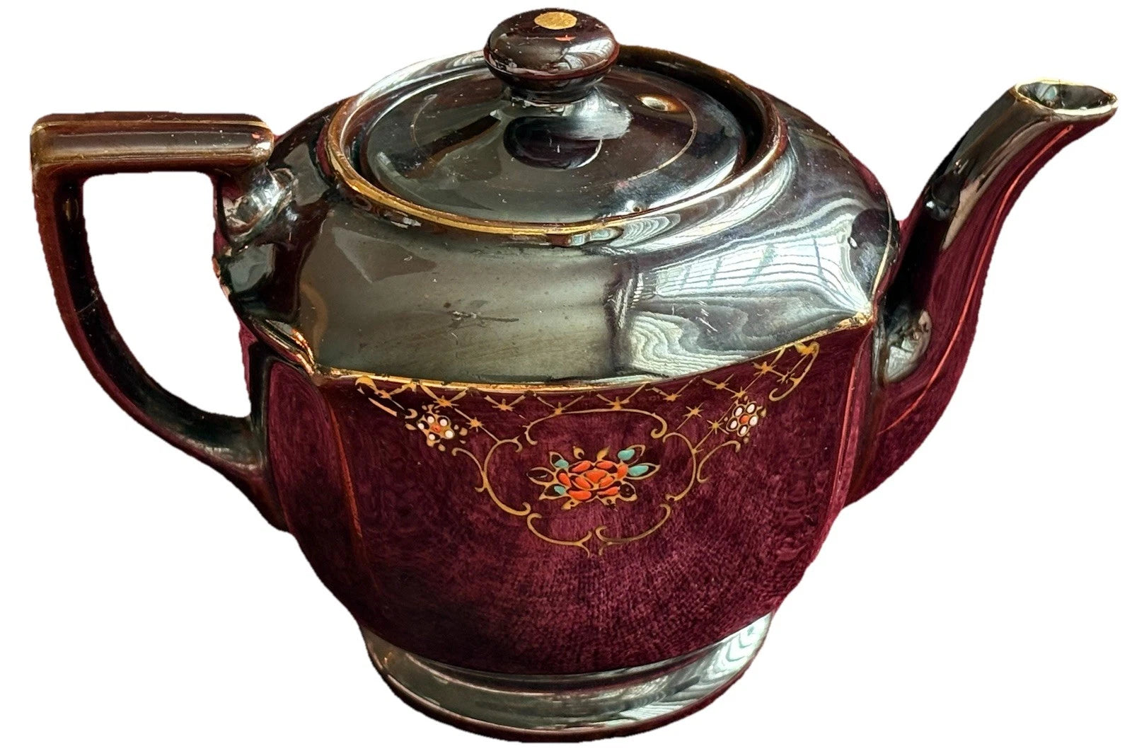 Vtg Japanese Redware Teapot Brown Betty Moriage Enamel Hand Painted Deco 2 Chips