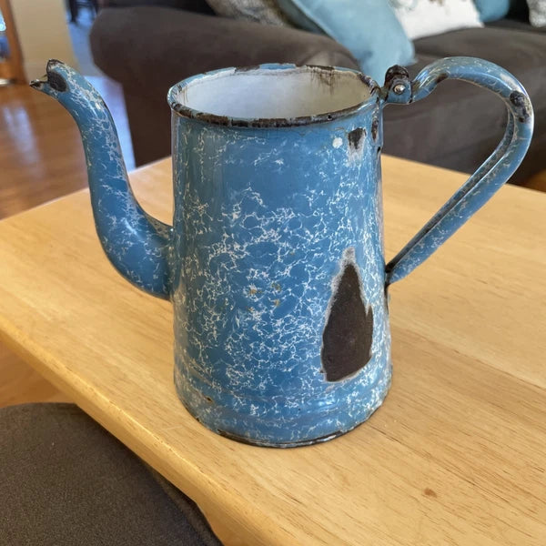 VTG Robin Egg Blue Splatter Swirl Graniteware Enamelware 6” Teapot No Lid