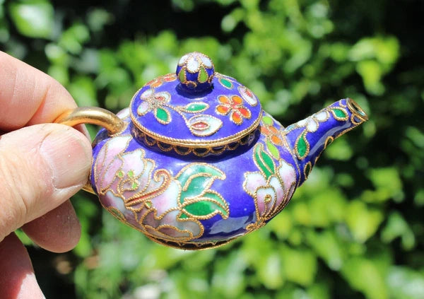Vintage Cloisonne Blue Floral Enamel on Metal Miniature Decorative Teapot