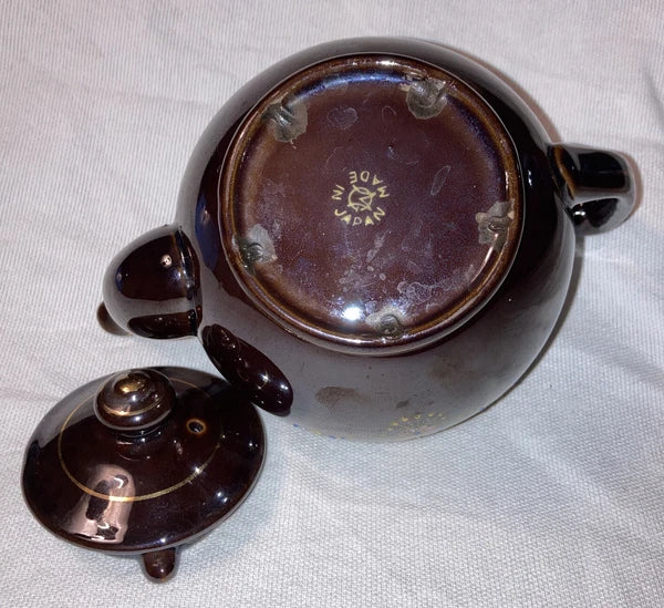 Brown Ceramic Tea Pot with Lid - Gold Trim Enameled Flowers 5 1/2" Made inJapan