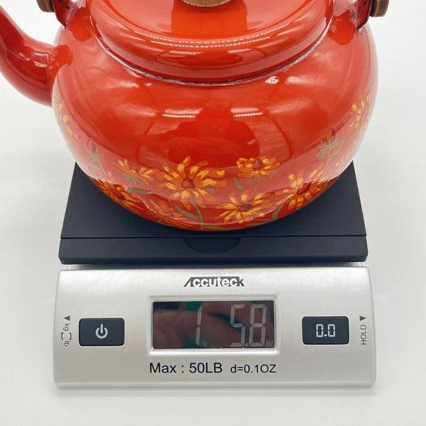 Boho Style VTG Enamel Tea Kettle Red Orange w Daisies & Teak Handle *DECOR ONLY*