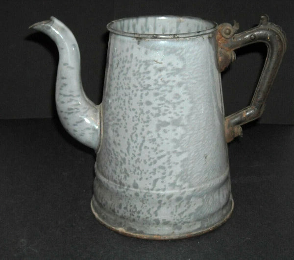 Early Grey Graniteware Teapot Enamel Ware - Primitive Elaborate Metal Handle