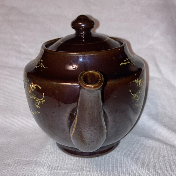 Brown Ceramic Tea Pot with Lid - Gold Trim Enameled Flowers 5 1/2" Made inJapan