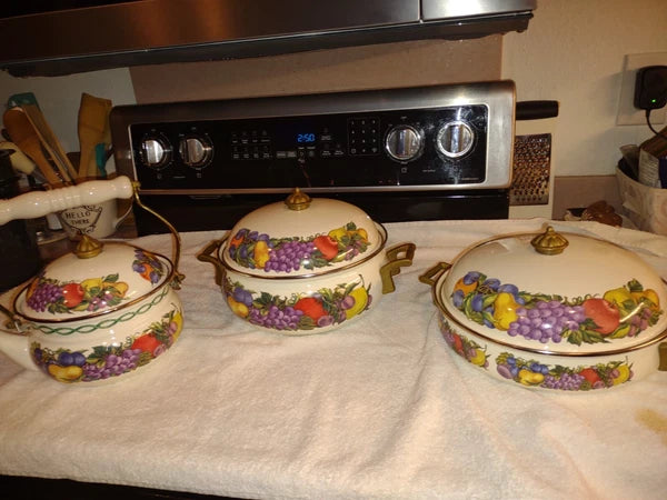 Vintage Cornucopia Set Of 3 Pot Tea Kettle Dutch Oven Enamel Steel Brass Lids