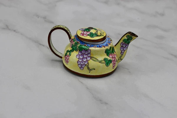 Cute Small Enamel on Copper Teapot Figurine