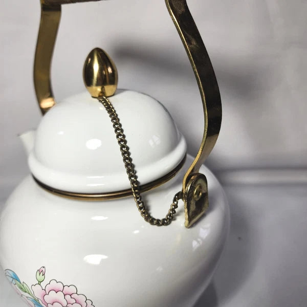 Vtg 1988 Tea Kettle Pot Enamel White Poppies Flowers Brass National Housewares
