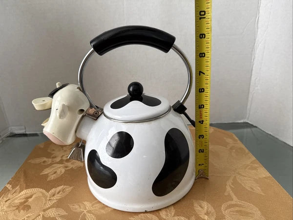 Vintage MM Kamenstein Black White Cow Whistling Tea Kettle Teapot, 1992