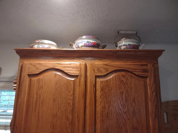 Vintage Cornucopia Set Of 3 Pot Tea Kettle Dutch Oven Enamel Steel Brass Lids