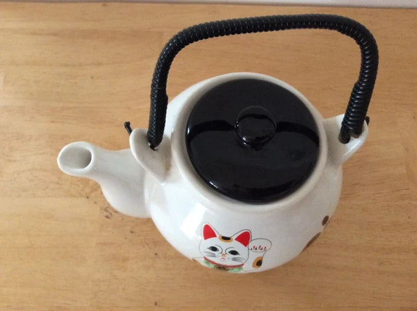 ENAMEL KETTLE TEAPOT CAT DESIGN PLASTIC HANDLE