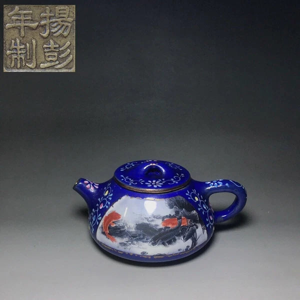 Chinese Yixing Zisha Clay Enamel Handmade Exquisite Fish pattern Teapot 5608