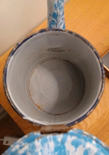 Antique Blue White Swirl Graniteware Enamelware Gooseneck Coffee Tea Pot .