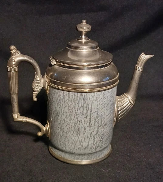 Antique Manning Bowing Gray Graniteware Enamelware Pewter Tea Coffee Set