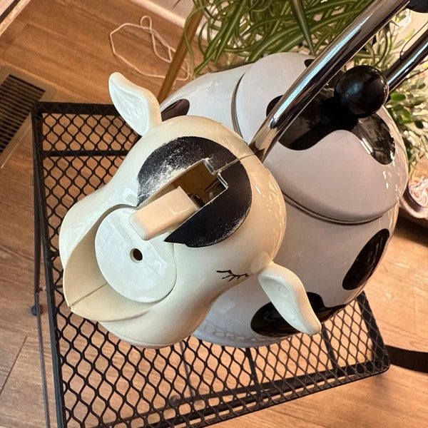 Vintage M Kamenstein Black White Cow Whistling Tea Kettle Teapot