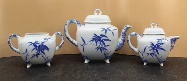 Japanese Meiji Porcelain Tea Set - Teapot, Cream & Sugar Bowls, Signed
