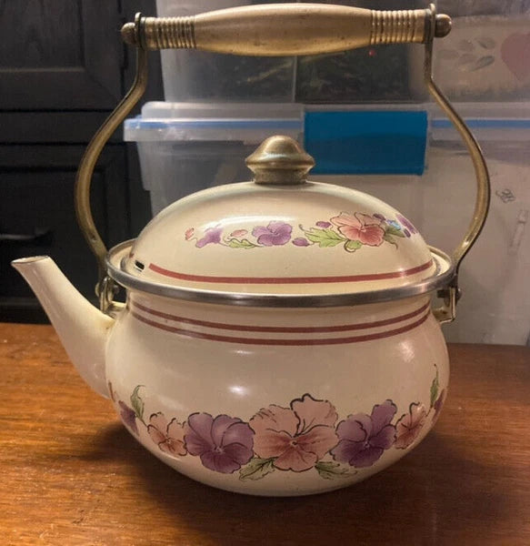 Vintage Enamelware Tea Kettle 1960s Teapot Brass Handles Floral Pink Purple